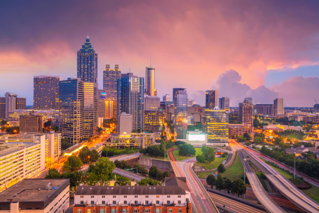 Skyline of Atlanta city at sunset in Georgia, USA